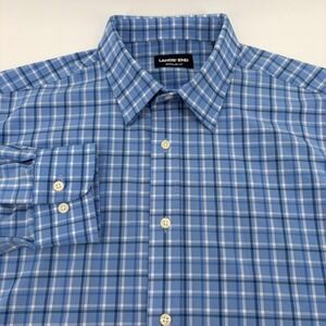 Lands End Mens Large 16-16.5 32/33 Regular Fit Blue Plaid Long Sleeve Shirt